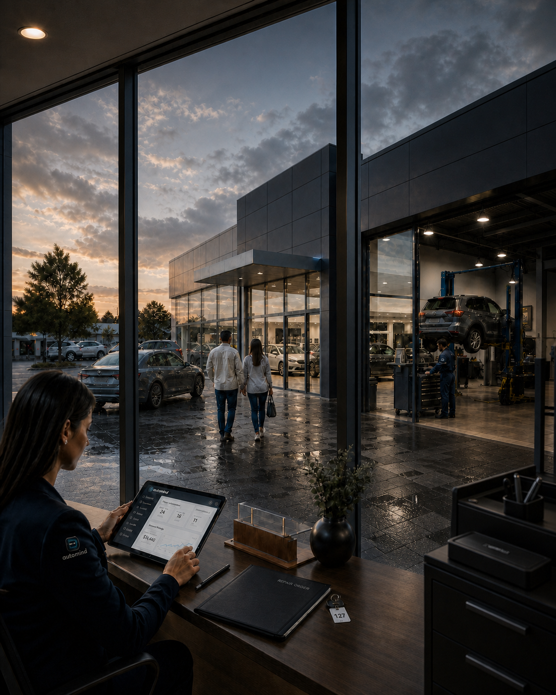 A real contemporary automotive dealership and workshop with customers, technicians, vehicles, parts and an adviser working together