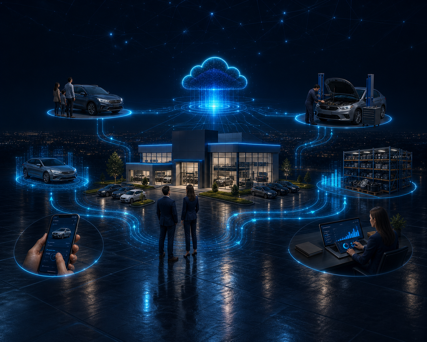 A connected automotive operation linking customers, vehicles, workshop, parts, mobile work and operating intelligence around one governed dealership truth