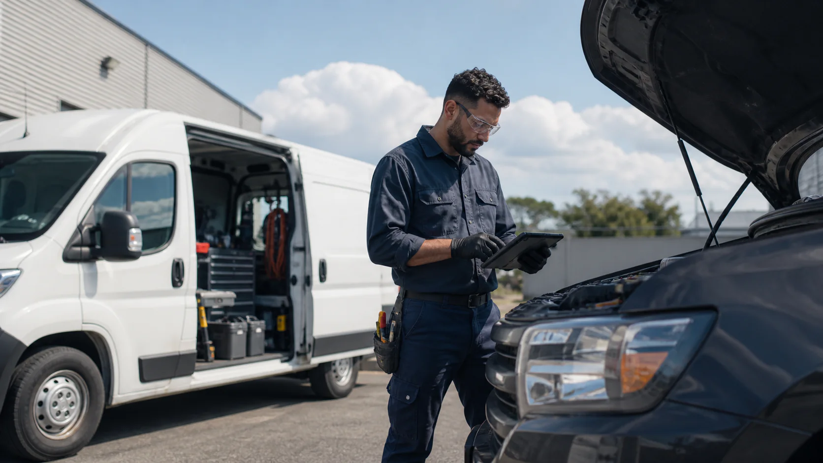 Mobile automotive technician working beside a service vehicle